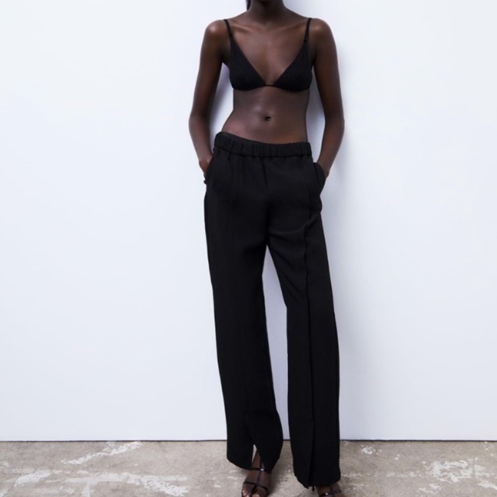 Zara Full Length Black Split Hem High Waist Pants